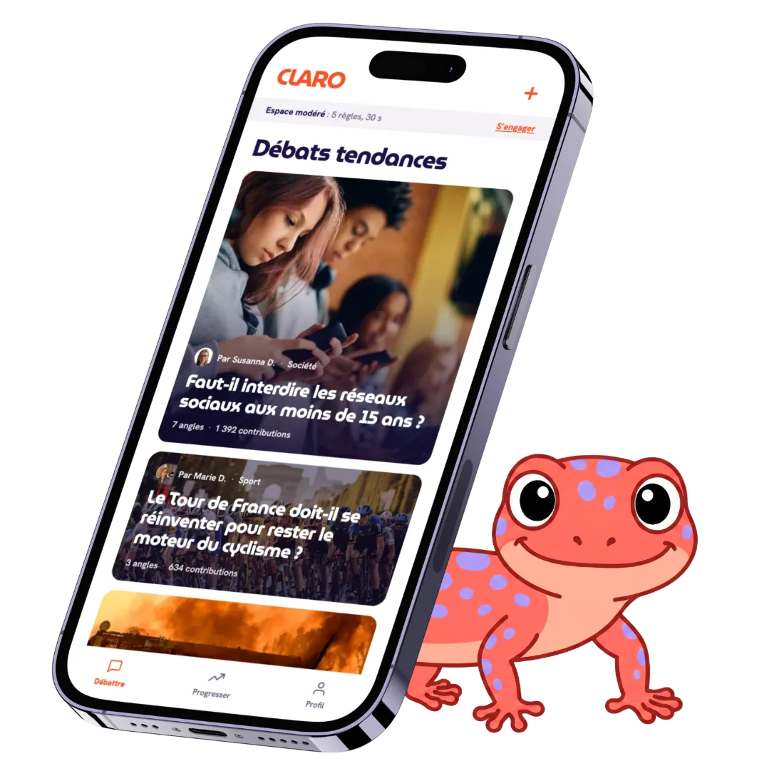L'application CLARO sur smartphone et sa mascotte lézard
